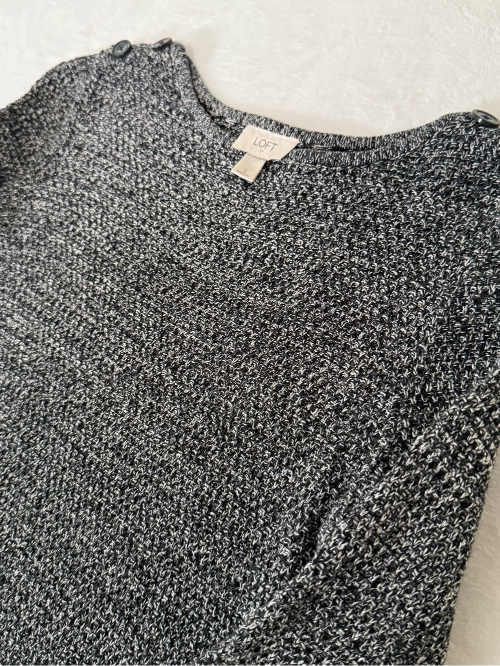 LOFT Black & White Marled Crewneck Sweater with Shoulder Buttons